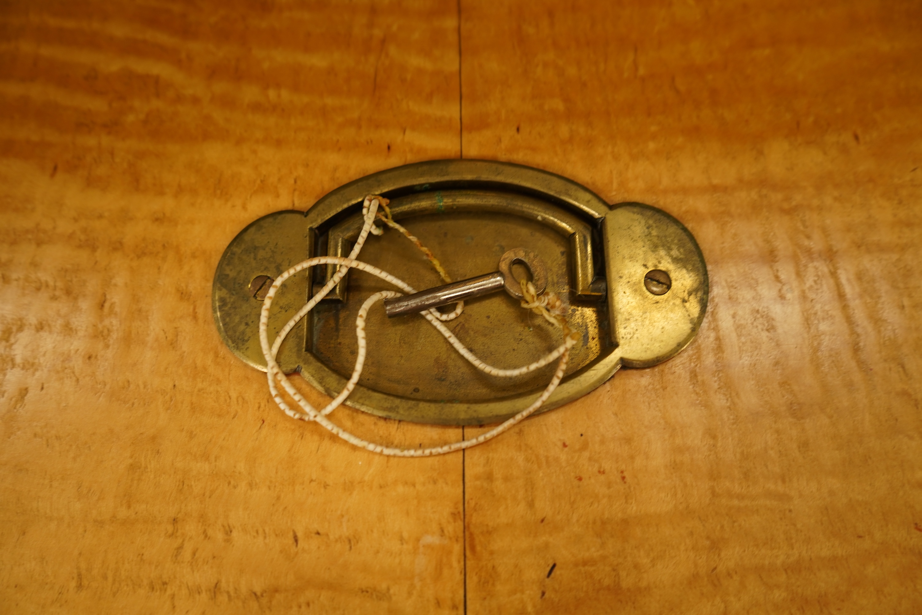 A Victorian sycamore stationery box with fitted interior and inlaid banding, with key, 37cm wide